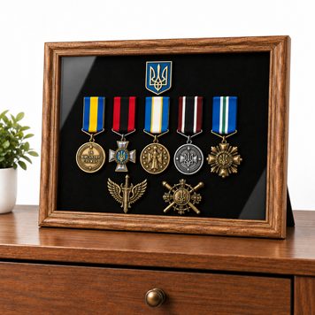 Рамка-кіот для медалей, орденів і військових нагород із багетом під дерево &mdash; подарунок військовому RK-330240-BK-04 фото