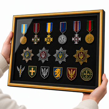 Об&rsquo;ємна рамка-вітрина для нагород, орденів і медалей під склом 32,5&times;45 см &ndash; оригінальний подарунок військовому ЗСУ RK-450325-BK-01 фото